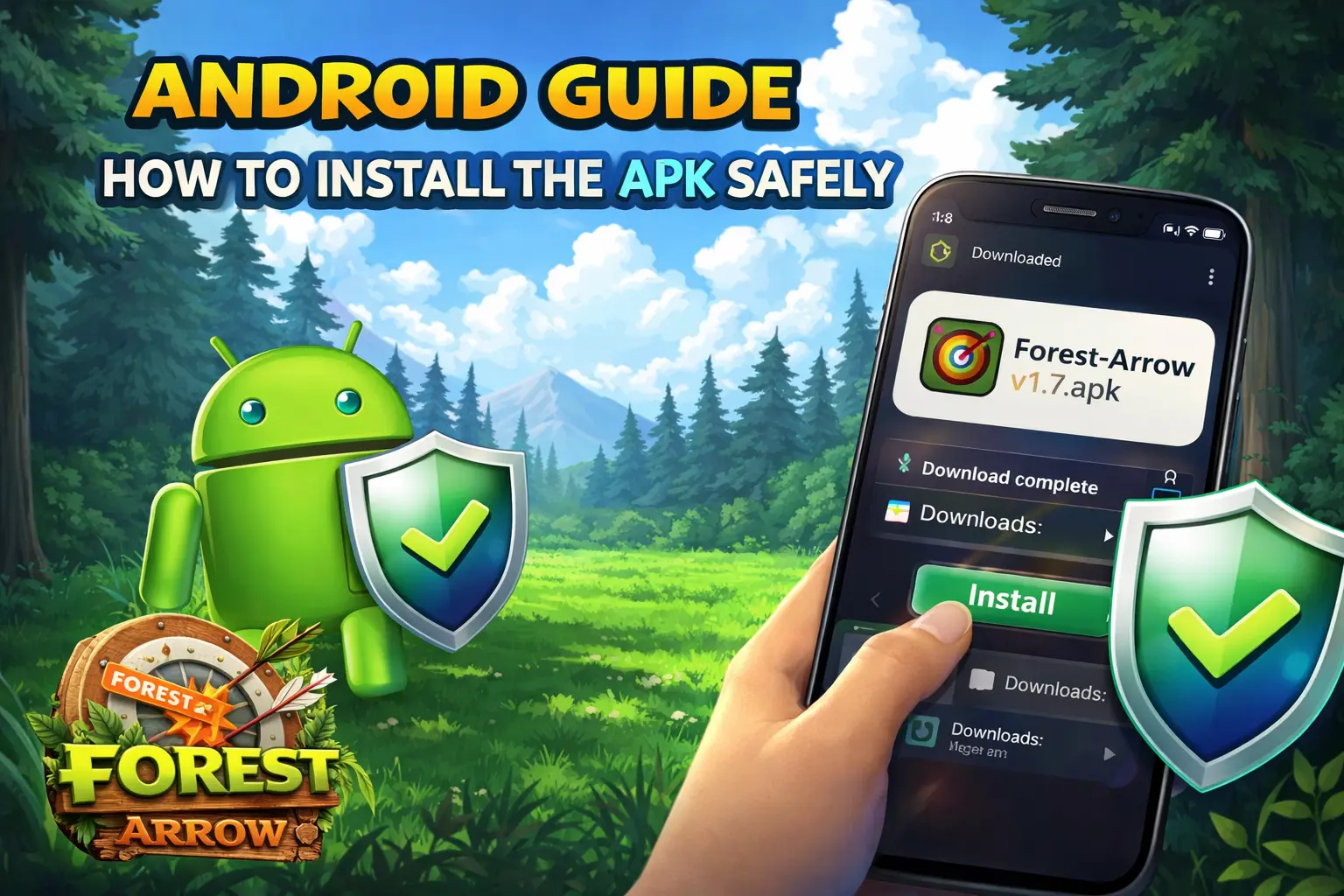 Forest Arrow Android guide showing how to install the APK safely with security shield and install screen