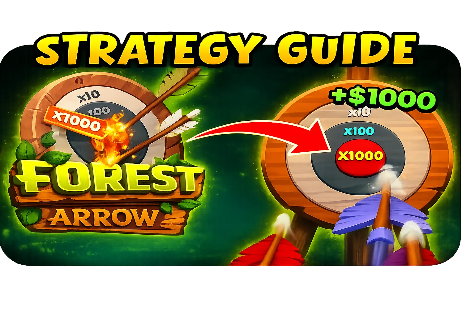 Forest Arrow strategy guide image showing target rings, x1000 multiplier bullseye and difficulty comparison concept